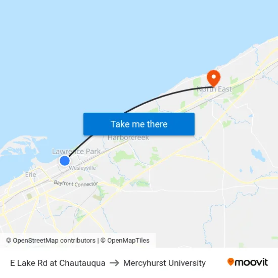 E Lake Rd at Chautauqua to Mercyhurst University map