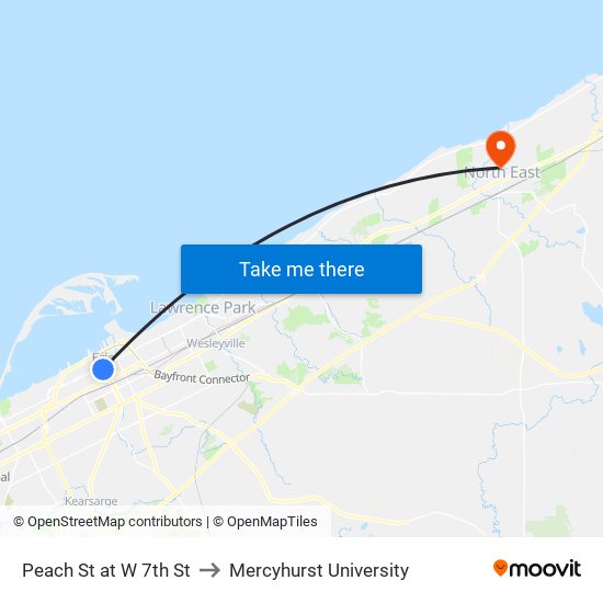 Peach St at W 7th St to Mercyhurst University map