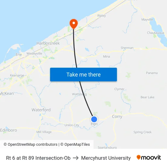 Rt 6 at Rt 89 Intersection-Ob to Mercyhurst University map