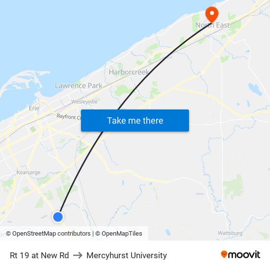 Rt 19 at New Rd to Mercyhurst University map