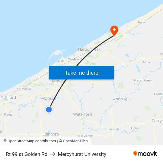 Rt 99 at Golden Rd to Mercyhurst University map