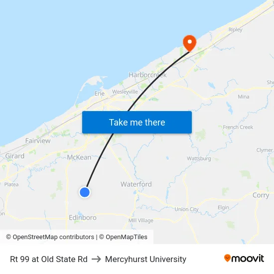 Rt 99 at Old State Rd to Mercyhurst University map
