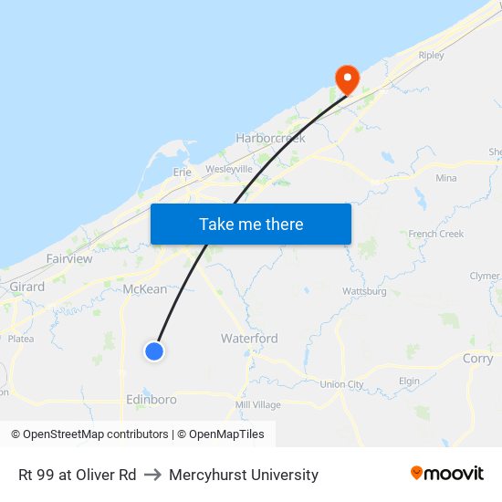 Rt 99 at Oliver Rd to Mercyhurst University map