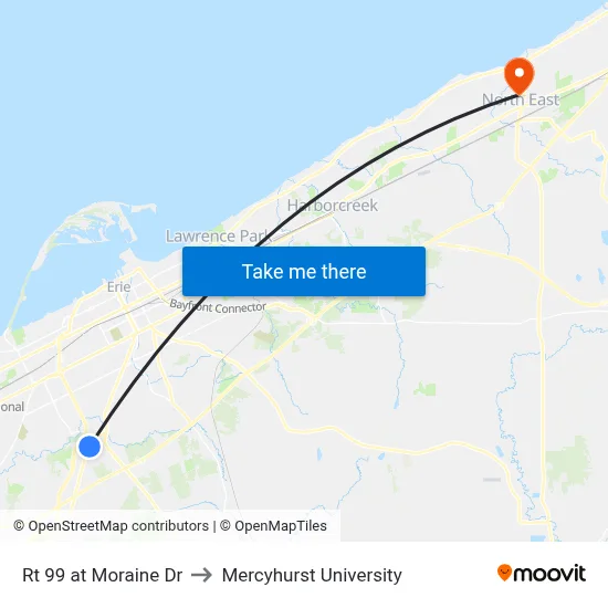 Rt 99 at Moraine Dr to Mercyhurst University map