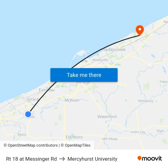 Rt 18 at Messinger Rd to Mercyhurst University map