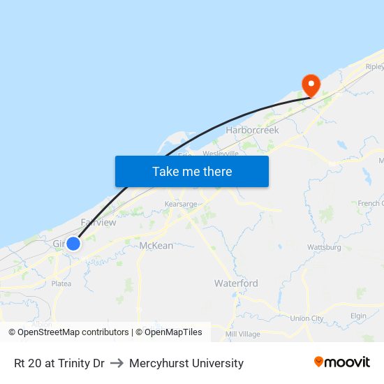 Rt 20 at Trinity Dr to Mercyhurst University map