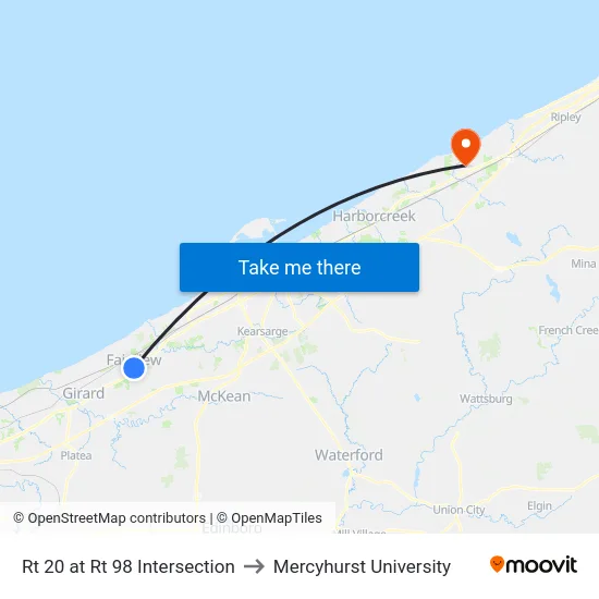 Rt 20 at Rt 98 Intersection to Mercyhurst University map