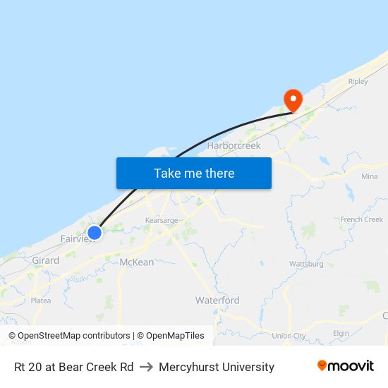 Rt 20 at Bear Creek Rd to Mercyhurst University map