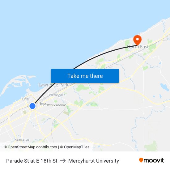 Parade St at E 18th St to Mercyhurst University map