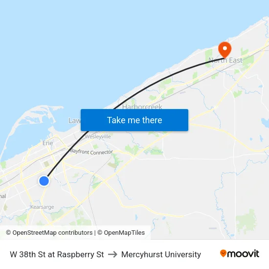 W 38th St at Raspberry St to Mercyhurst University map