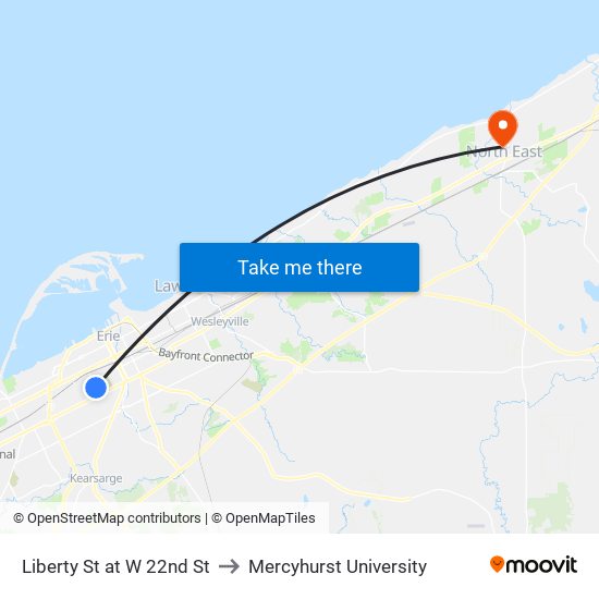 Liberty St at W 22nd St to Mercyhurst University map