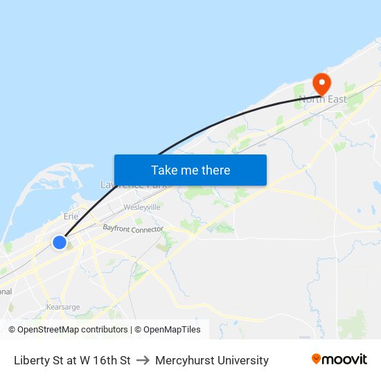 Liberty St at W 16th St to Mercyhurst University map