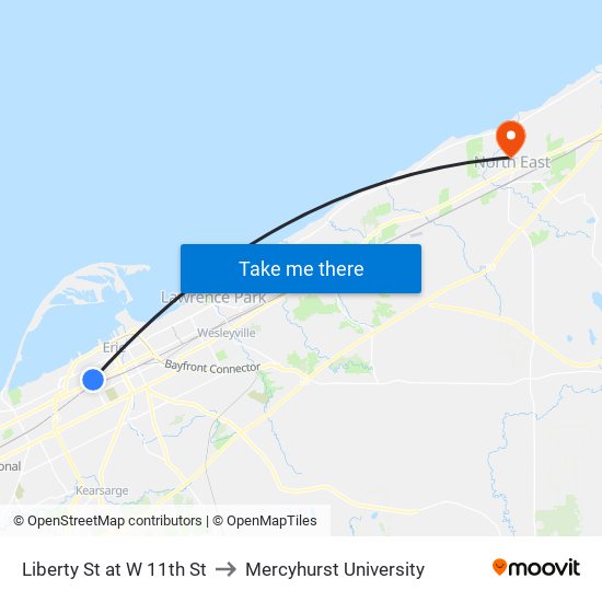 Liberty St at W 11th St to Mercyhurst University map