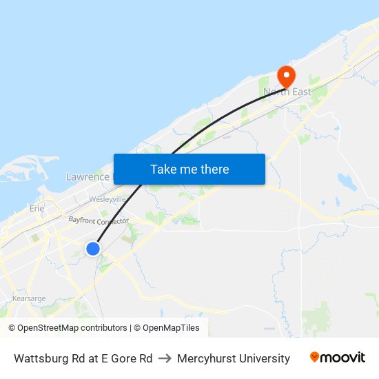 Wattsburg Rd at E Gore Rd to Mercyhurst University map