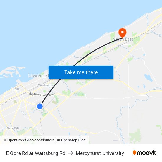 E Gore Rd at Wattsburg Rd to Mercyhurst University map