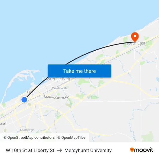 W 10th St at Liberty St to Mercyhurst University map