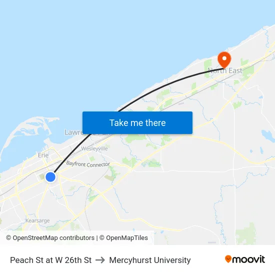 Peach St at W 26th St to Mercyhurst University map