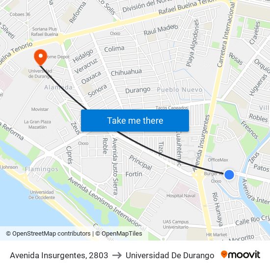 Avenida Insurgentes, 2803 to Universidad De Durango map