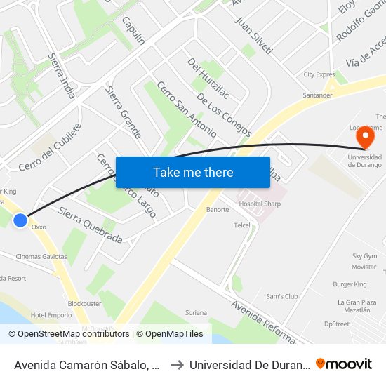 Avenida Camarón Sábalo, 216 to Universidad De Durango map