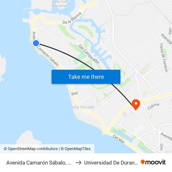 Avenida Camarón Sábalo, 16a to Universidad De Durango map