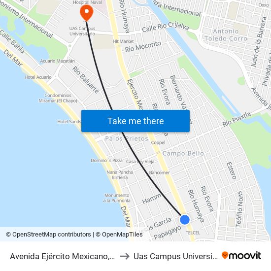 Avenida Ejército Mexicano, 1205 to Uas Campus Universitario map