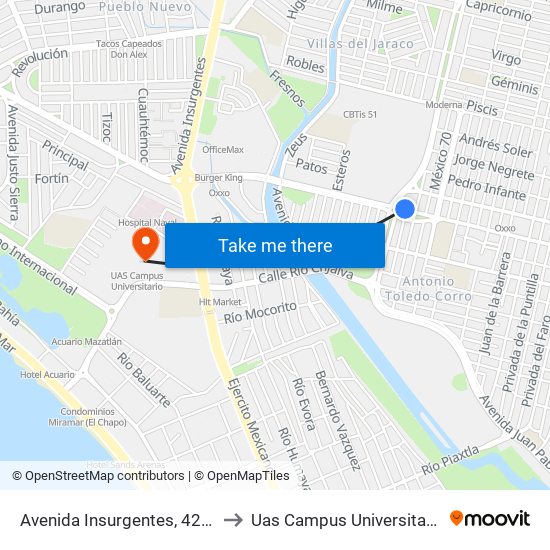 Avenida Insurgentes, 4245 to Uas Campus Universitario map