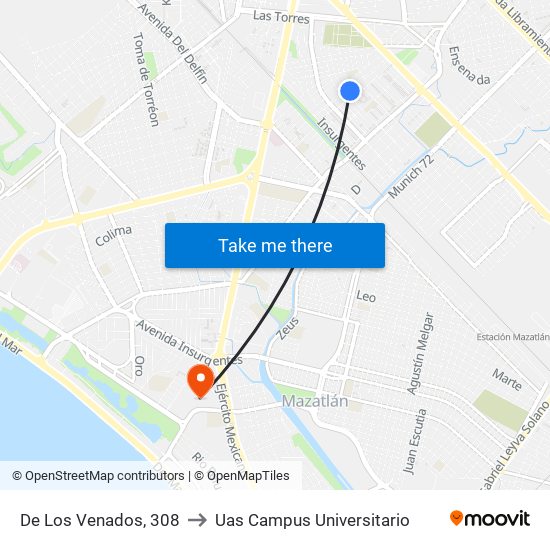 De Los Venados, 308 to Uas Campus Universitario map