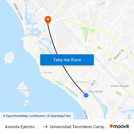 Avenida Ejército Mexicano, 2004 to Universidad Tecmilenio Campus Mazatlán La Marina map