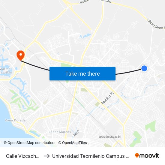 Calle Vizcachas, 18777 to Universidad Tecmilenio Campus Mazatlán La Marina map