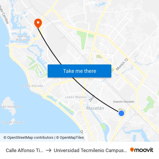 Calle Alfonso Tirado, 1020 to Universidad Tecmilenio Campus Mazatlán La Marina map