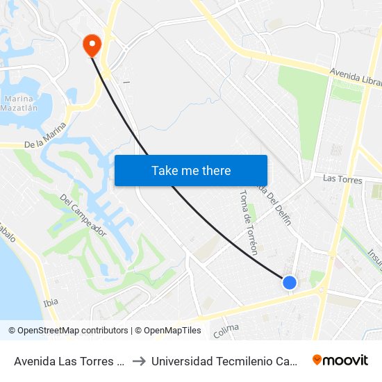 Avenida Las Torres Y O Del Delfín, 101 to Universidad Tecmilenio Campus Mazatlán La Marina map
