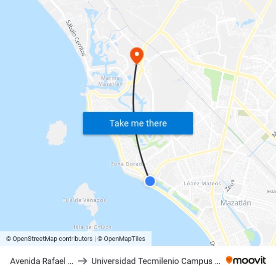 Avenida Rafael Buelna, 16 to Universidad Tecmilenio Campus Mazatlán La Marina map
