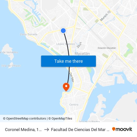 Coronel Medina, 1107 to Facultad De Ciencias Del Mar - Uas map