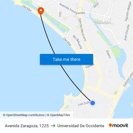 Avenida Zaragoza, 1225 to Universidad De Occidente map