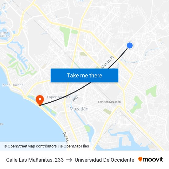 Calle Las Mañanitas, 233 to Universidad De Occidente map