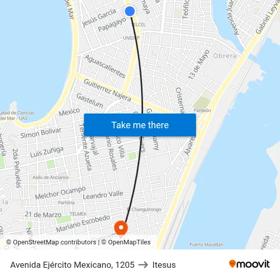 Avenida Ejército Mexicano, 1205 to Itesus map