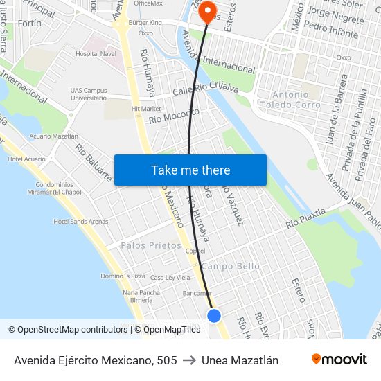 Avenida Ejército Mexicano, 505 to Unea Mazatlán map