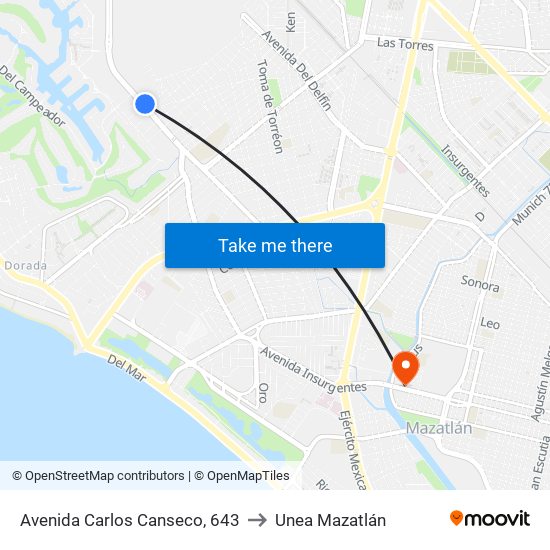 Avenida Carlos Canseco, 643 to Unea Mazatlán map