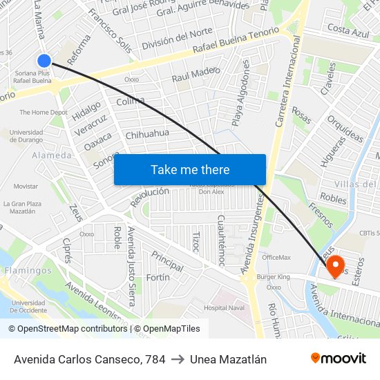 Avenida Carlos Canseco, 784 to Unea Mazatlán map