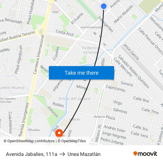 Avenida Jabalíes, 111a to Unea Mazatlán map