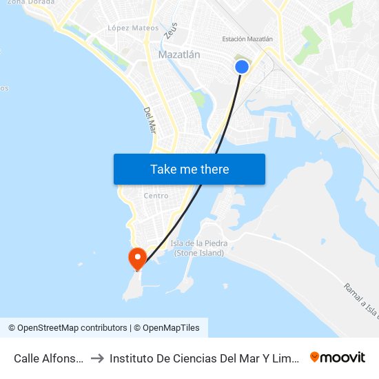 Calle Alfonso Tirado, 1020 to Instituto De Ciencias Del Mar Y Limnologia, Unidad Academica Mazatlan map