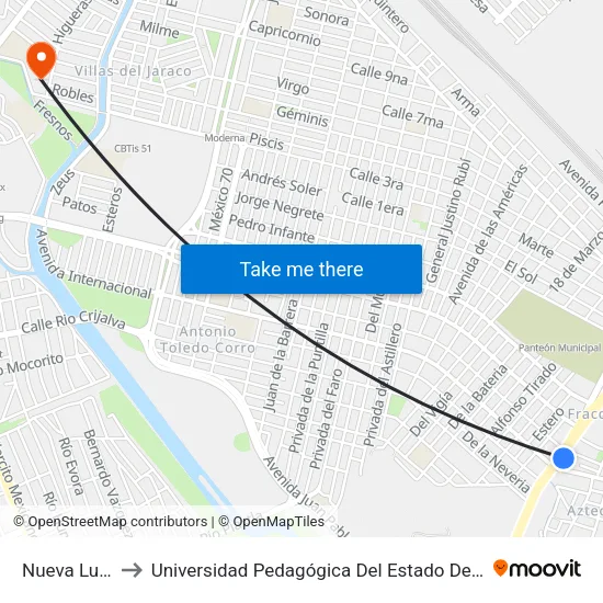 Nueva Luz, 1 to Universidad Pedagógica Del Estado De Sinaloa map