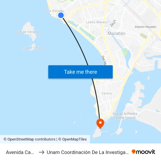 Avenida Camarón Sábalo, 201 to Unam Coordinación De La Investigación Científica Base De Operaciones El Puma map