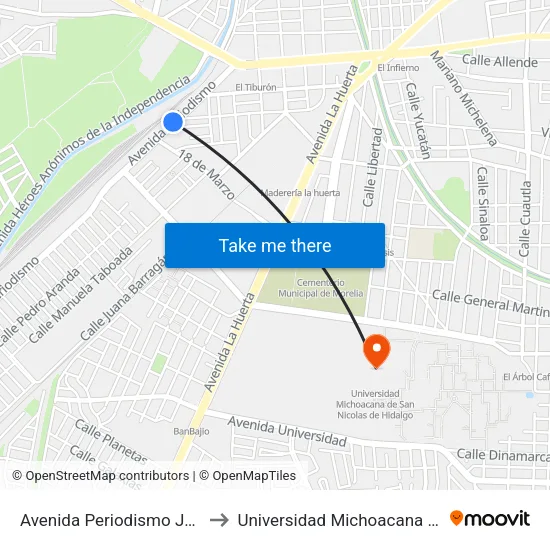 Avenida Periodismo José Tocaven Lavín, 142a to Universidad Michoacana De San Nicolas De Hidalgo map