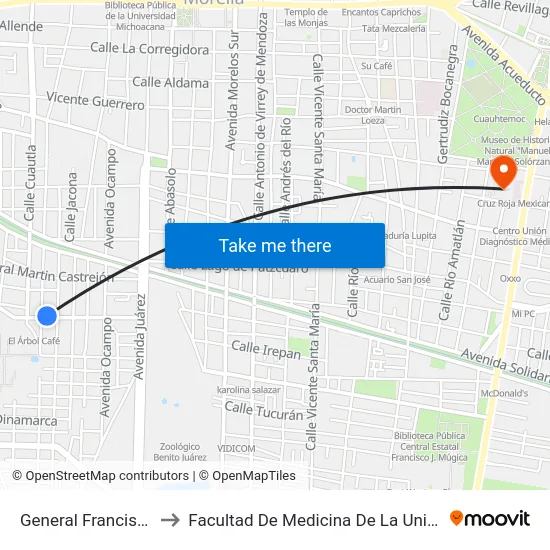 General Francisco J. Múgica, 312_2 to Facultad De Medicina De La Universidad De San Nicolás De Hidalgo map