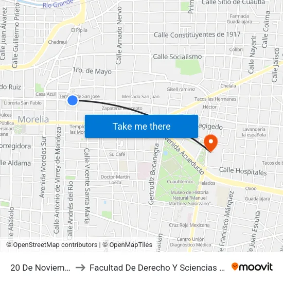 20 De Noviembre, 242 to Facultad De Derecho Y  Sciencias Sociales Umsnh map