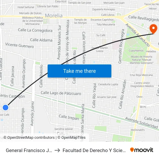 General Francisco J. Múgica, 312_2 to Facultad De Derecho Y  Sciencias Sociales Umsnh map