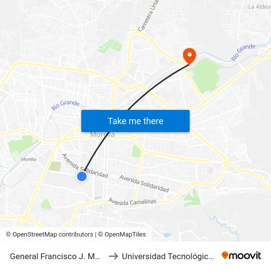 General Francisco J. Múgica, 312_2 to Universidad Tecnológica De Morelia map