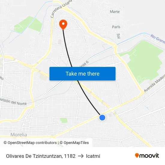 Olivares De Tzintzuntzan, 1182 to Icatmi map
