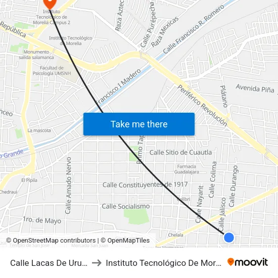 Calle Lacas De Uruapan, 833 to Instituto Tecnológico De Morelia Campus 2 map